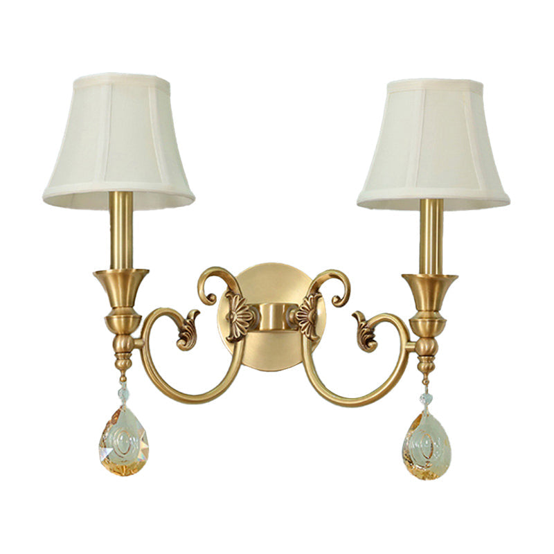 Classic Flared Wall Sconce In Gold With Crystal Drop - 1/2-Light Fabric Lamp