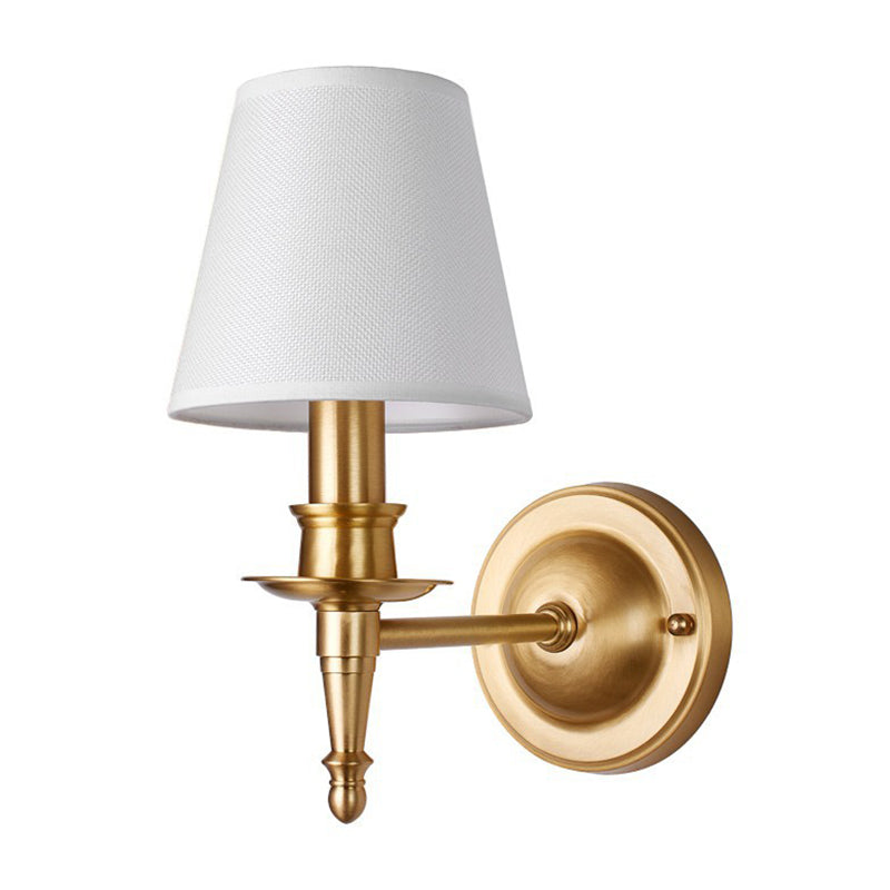Conical Wall Light With Single-Bulb Fabric Shade Candle Design - Gold Finish