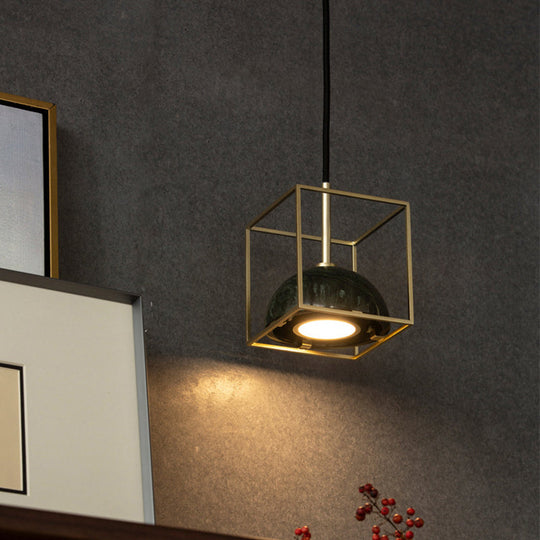 Stylish 1-Light Nordic Marble Pendant With Brass Square Frame