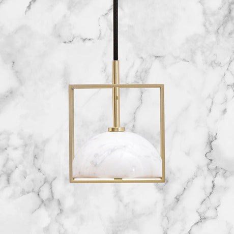 Stylish 1-Light Nordic Marble Pendant With Brass Square Frame