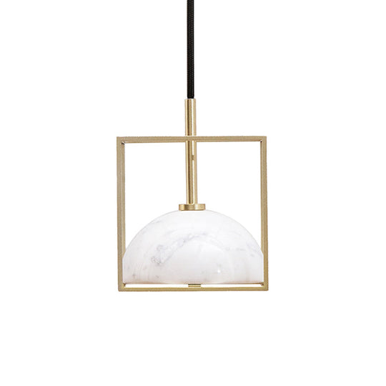 Stylish 1-Light Nordic Marble Pendant With Brass Square Frame