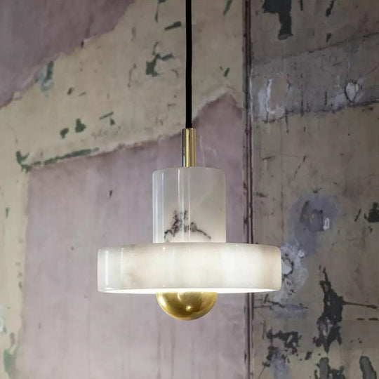 Minimalist Pot-Lid Pendant Marble Dining Room Light In White/Brass - 1-Bulb Suspension