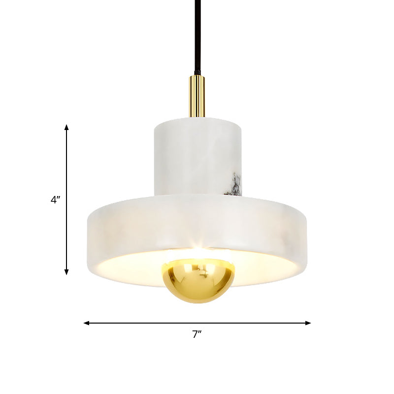 Sleek Minimalist Pendulum Light Marble 1-Bulb Dining Room Pendant In White & Brass