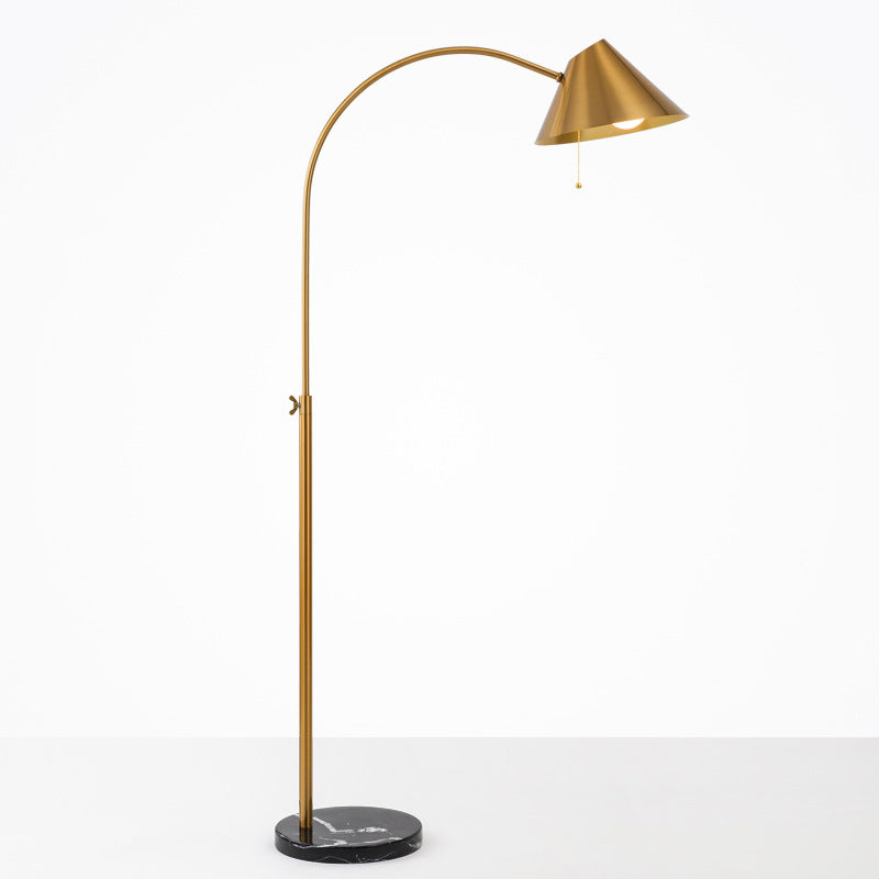 Modern Adjustable Floor Reading Lamp - Gold Cone Metal Gooseneck Light With Pull Chain