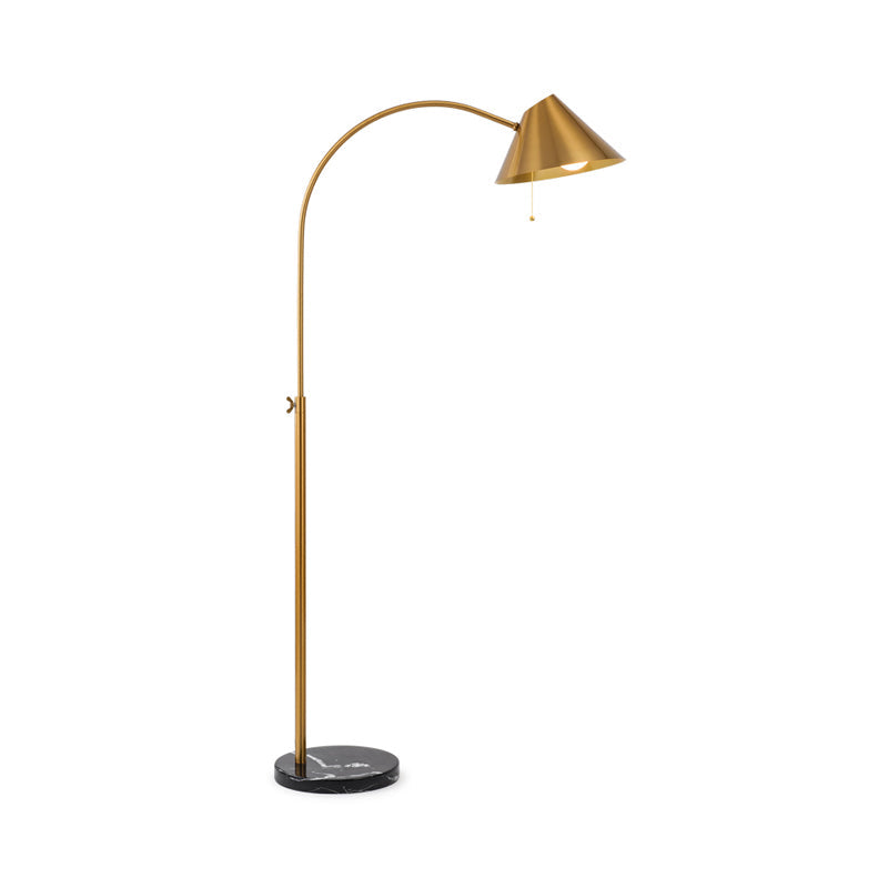 Modern Adjustable Floor Reading Lamp - Gold Cone Metal Gooseneck Light With Pull Chain