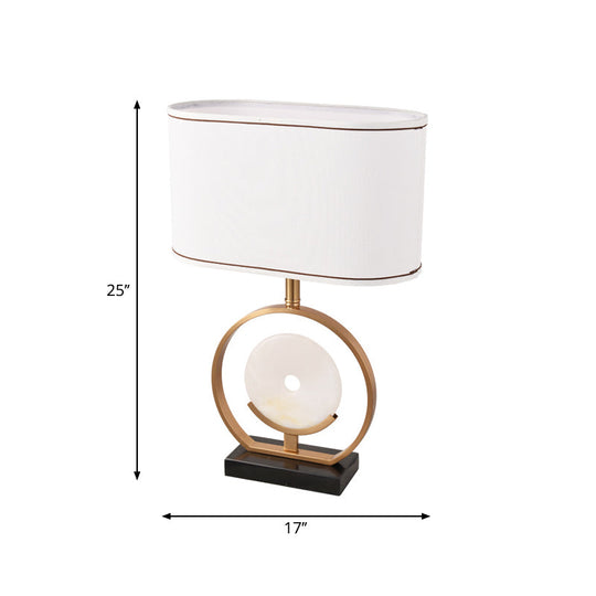 Modern Fabric Table Lamp - Ellipse Nightstand Light White 1-Light With Faux Jade Decor