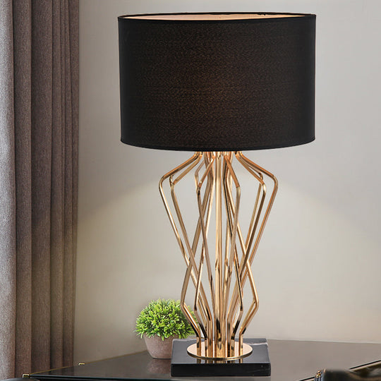 Modern Metal Table Lamp With Gold Finish Hourglass Night Light And Black/White Cylinder Fabric Shade