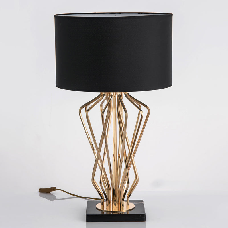 Modern Metal Table Lamp With Gold Finish Hourglass Night Light And Black/White Cylinder Fabric Shade