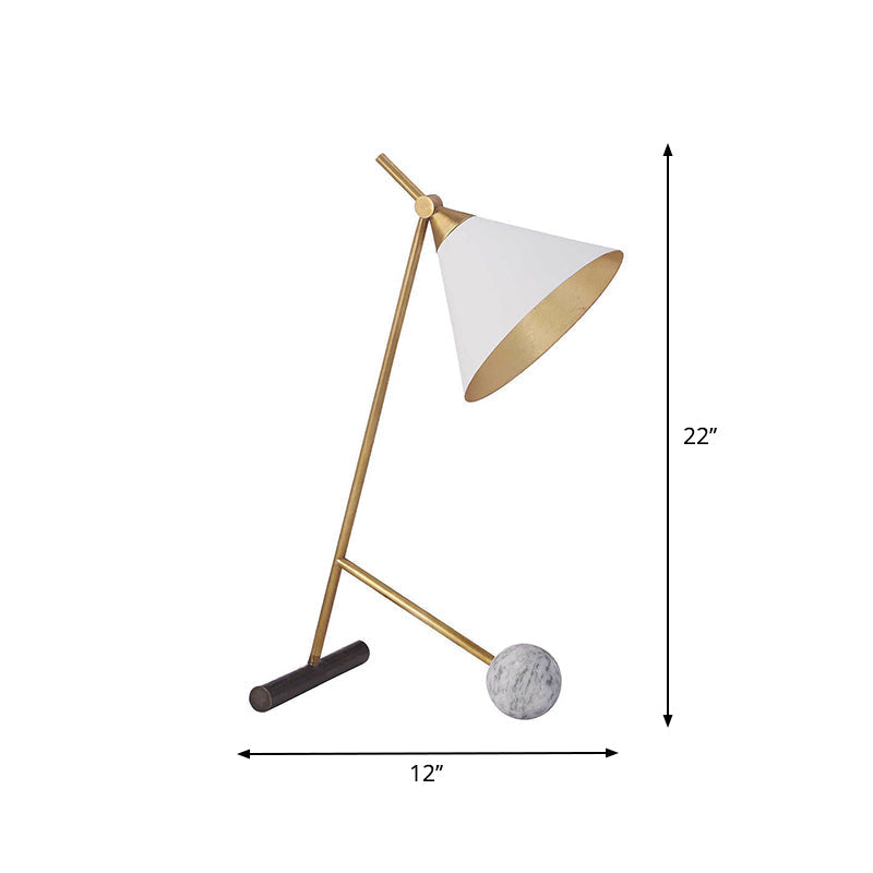 Modern White And Brass Cone Night Light 1-Head Metal Table Lamp Ideal For Bedroom