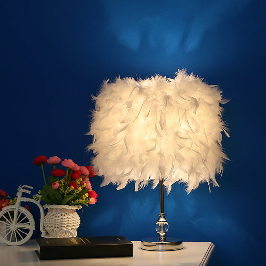 Feather Drum Night Lamp: Simple & Elegant 1-Light Bedroom Table Lighting In Pink/Red/Yellow With