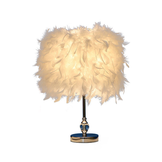 Feather Drum Night Lamp: Simple & Elegant 1-Light Bedroom Table Lighting In Pink/Red/Yellow With