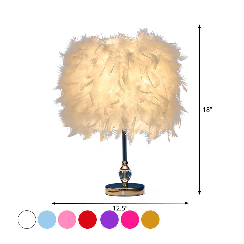 Lara - Simplicity Drum Night Lamp Feather 1-Light Bedroom Table Lighting In Pink/Red/Yellow With