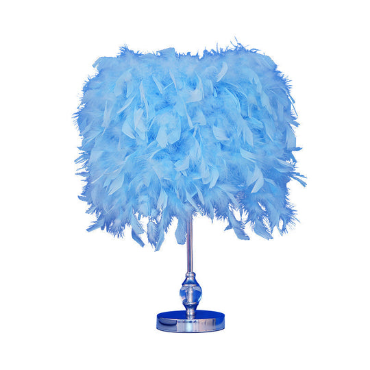 Lara - Simplicity Drum Night Lamp Feather 1-Light Bedroom Table Lighting In Pink/Red/Yellow With