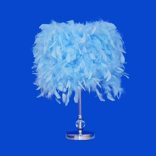 Feather Drum Night Lamp: Simple & Elegant 1-Light Bedroom Table Lighting In Pink/Red/Yellow With