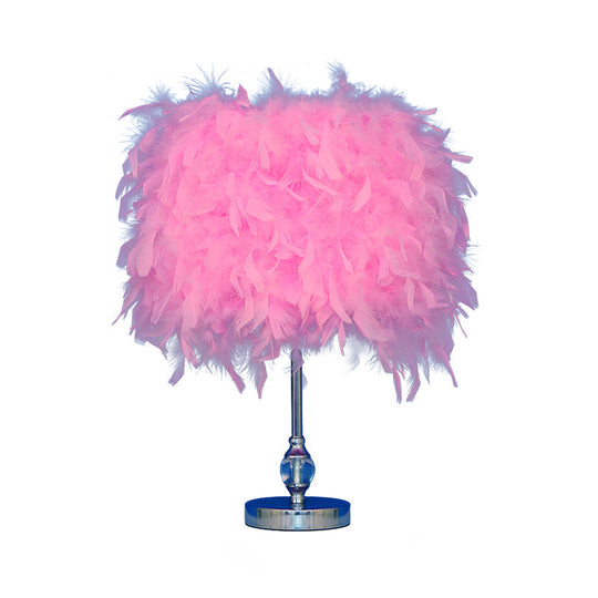 Feather Drum Night Lamp: Simple & Elegant 1-Light Bedroom Table Lighting In Pink/Red/Yellow With