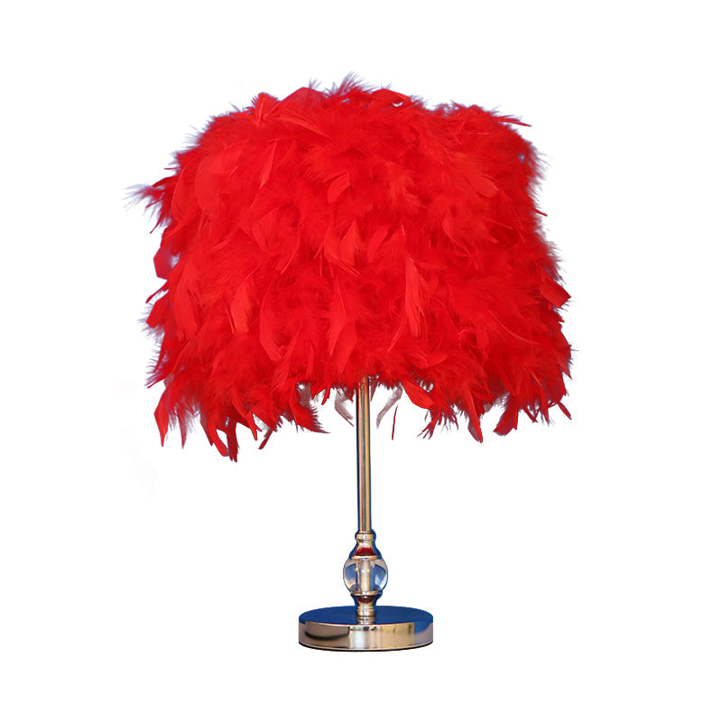 Lara - Simplicity Drum Night Lamp Feather 1-Light Bedroom Table Lighting In Pink/Red/Yellow With