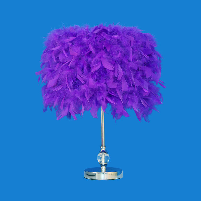 Lara - Simplicity Drum Night Lamp Feather 1-Light Bedroom Table Lighting In Pink/Red/Yellow With