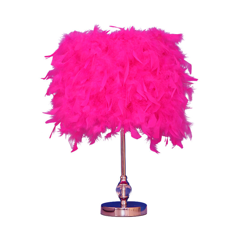 Feather Drum Night Lamp: Simple & Elegant 1-Light Bedroom Table Lighting In Pink/Red/Yellow With
