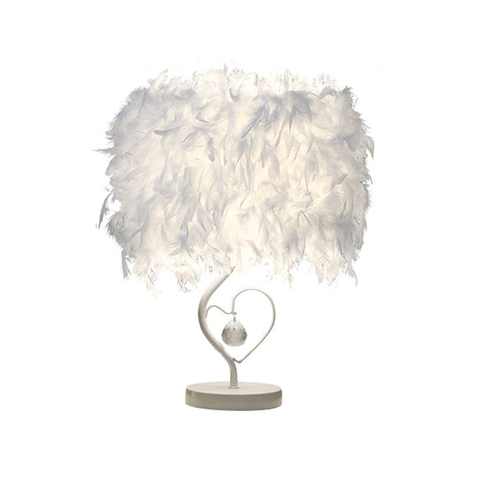Modern Drum Table Lamp: Feather Light White/Pink/Burgundy Heart Frame Crystal Orb
