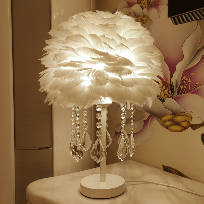 Modern Hemisphere Feather Table Lamp With Crystal Ball And Night Light - Grey/White/Pink