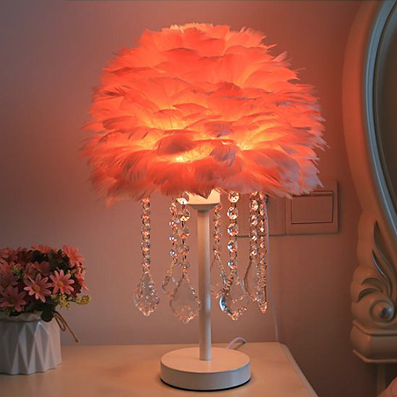 Modern Hemisphere Feather Table Lamp With Crystal Ball And Night Light - Grey/White/Pink