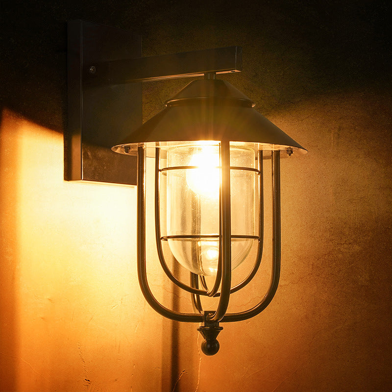 Farmhouse Black Half-Capsule Wall Lantern With Clear Glass - Outdoor Mounted Light (1 Bulb)