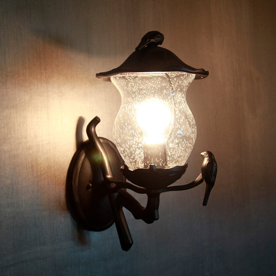 Rustic Black Gourd Shaped Garden Wall Lamp - 1-Light Seedy Glass Lantern Sconce With Charming Bird