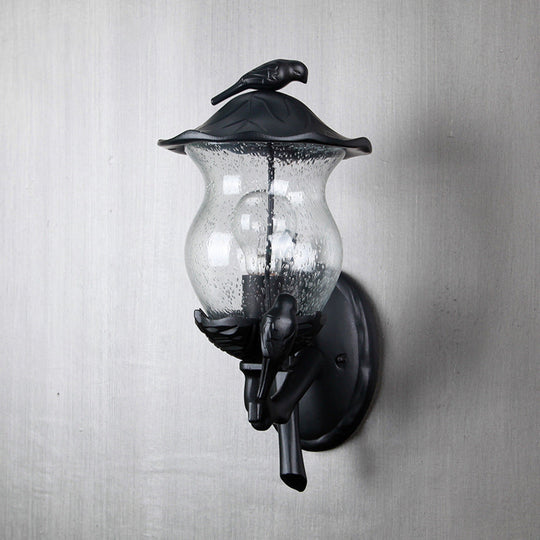 Rustic Black Gourd Shaped Garden Wall Lamp - 1-Light Seedy Glass Lantern Sconce With Charming Bird