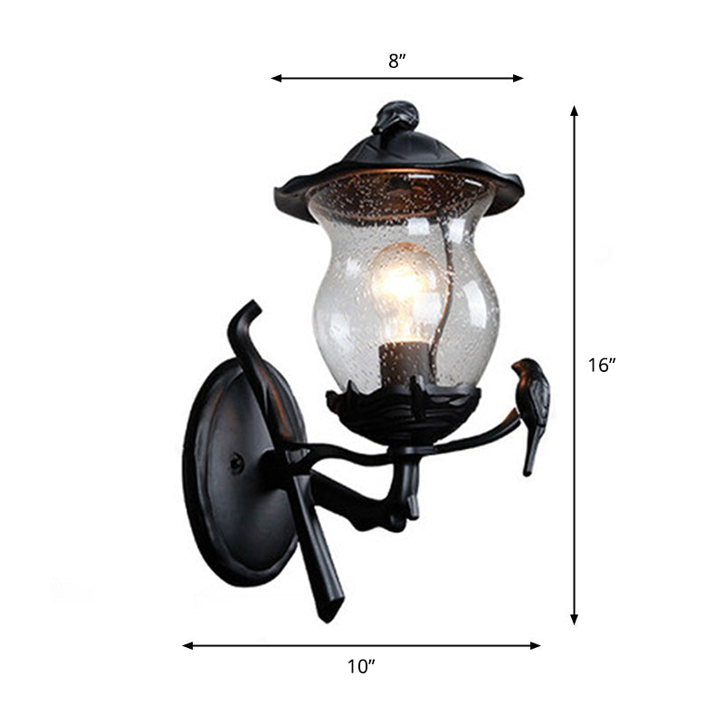 Rustic Black Gourd Shaped Garden Wall Lamp - 1-Light Seedy Glass Lantern Sconce With Charming Bird