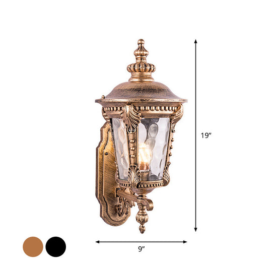 Retro Black/Brass Tapered Sconce Light With Dimpled Glass - Wall Mounted Patio Lamp (1 Head