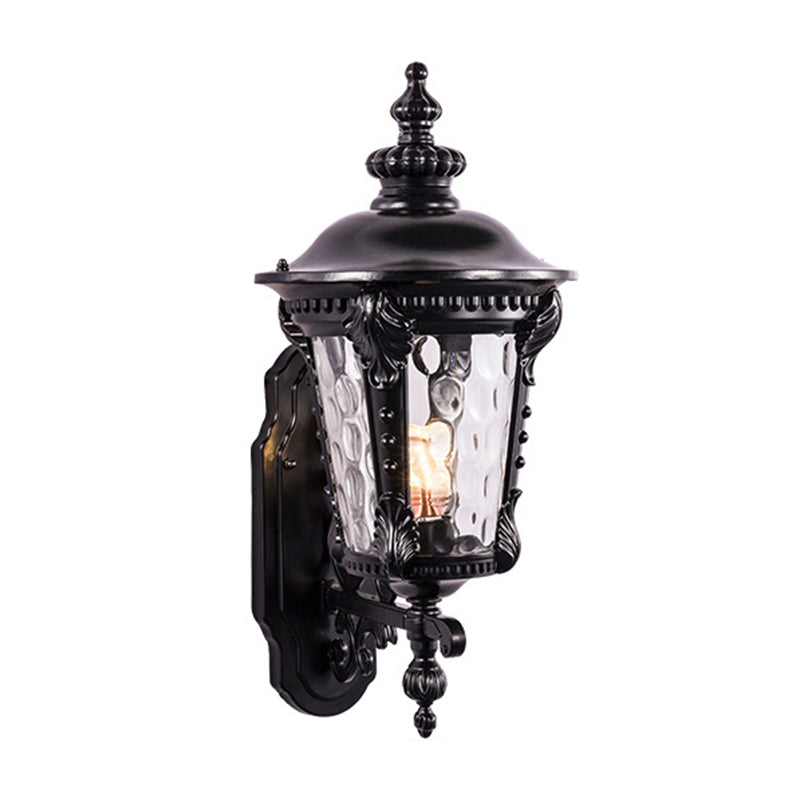 Retro Black/Brass Tapered Sconce Light With Dimpled Glass - Wall Mounted Patio Lamp (1 Head