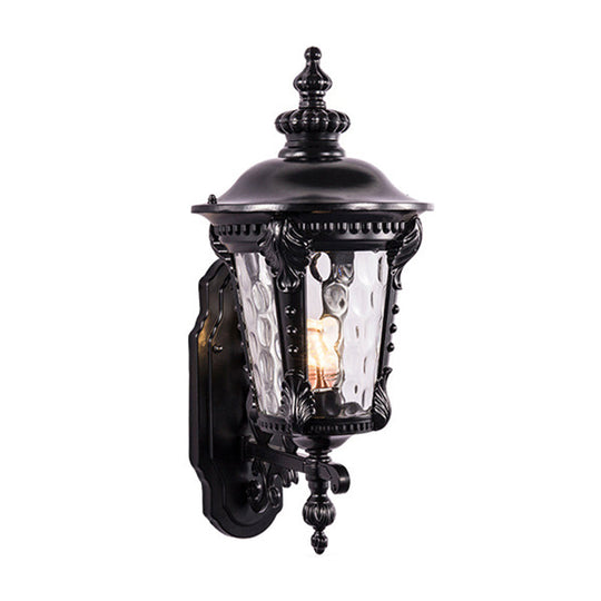 Retro Black/Brass Tapered Sconce Light With Dimpled Glass - Wall Mounted Patio Lamp (1 Head