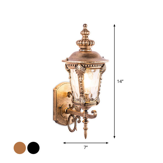 Retro Black/Brass Tapered Sconce Light With Dimpled Glass - Wall Mounted Patio Lamp (1 Head