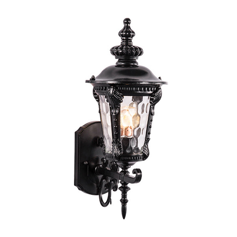 Retro Black/Brass Tapered Sconce Light With Dimpled Glass - Wall Mounted Patio Lamp (1 Head