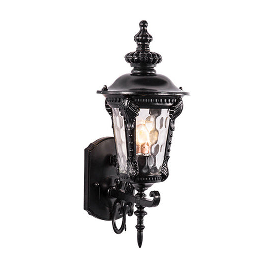 Retro Black/Brass Tapered Sconce Light With Dimpled Glass - Wall Mounted Patio Lamp (1 Head