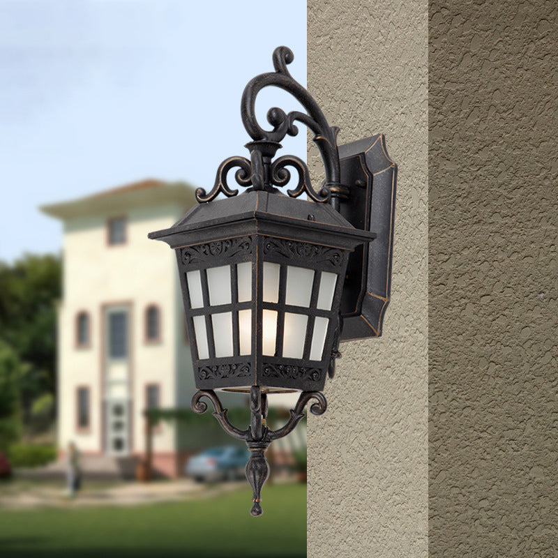 Vintage Lantern Sconce Light - Single Frosted Glass Outdoor Wall Mount With Black Scroll Arm