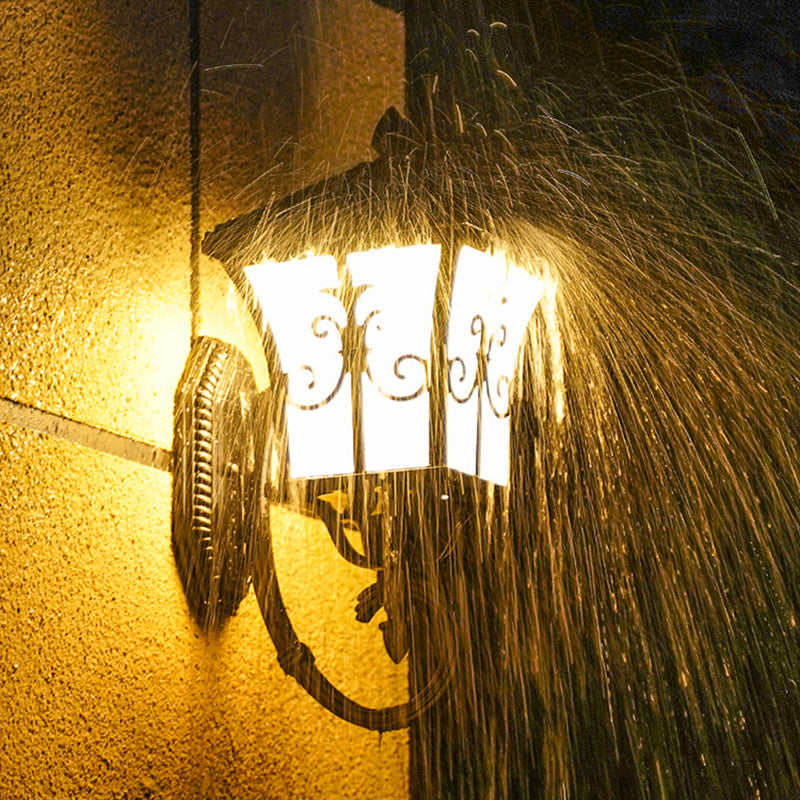 Traditional Solar Led Wall Lamp - Frosted Glass Curved Lantern Sconce For Patios In Black/Brass