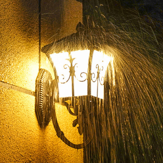 Traditional Solar Led Wall Lamp - Frosted Glass Curved Lantern Sconce For Patios In Black/Brass