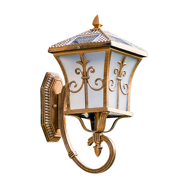 Traditional Solar Led Wall Lamp - Frosted Glass Curved Lantern Sconce For Patios In Black/Brass