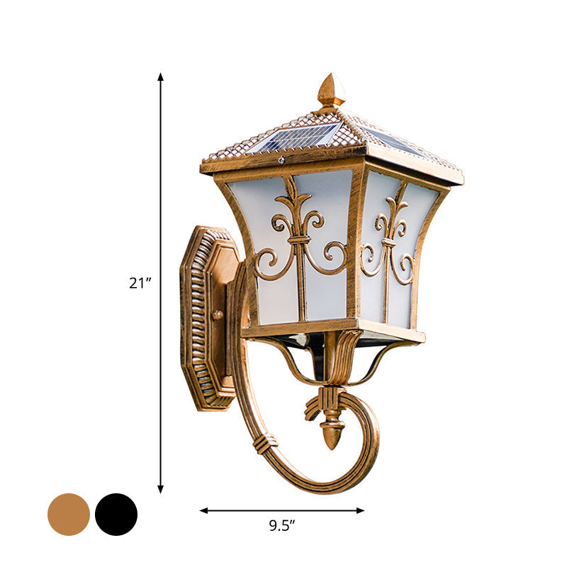 Traditional Solar Led Wall Lamp - Frosted Glass Curved Lantern Sconce For Patios In Black/Brass