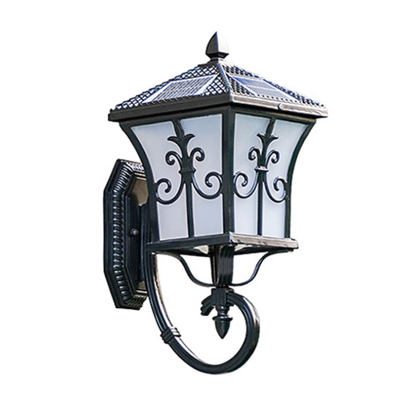 Traditional Solar Led Wall Lamp - Frosted Glass Curved Lantern Sconce For Patios In Black/Brass