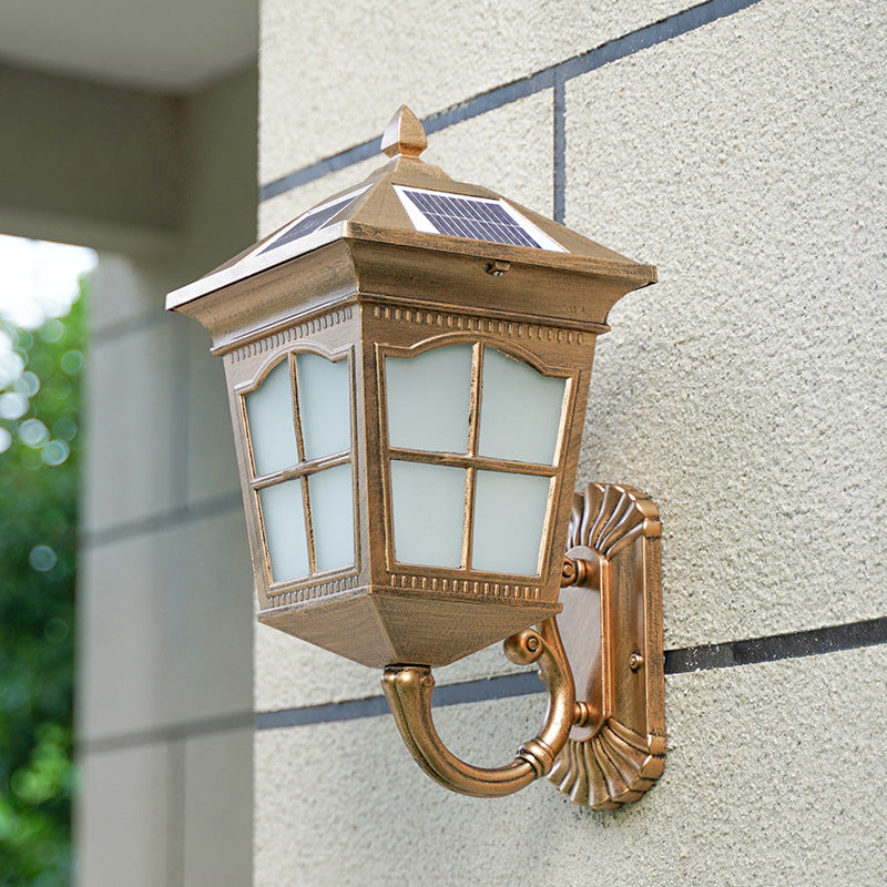 Brass Solar Led Wall Sconce With Antiqued Style Frosted Glass Small/Large House Lantern Light /