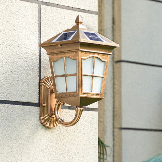 Brass Solar Led Wall Sconce With Antiqued Style Frosted Glass Small/Large House Lantern Light