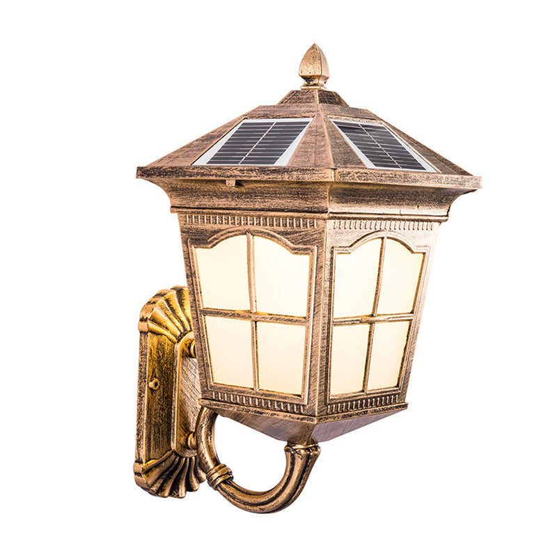 Brass Solar Led Wall Sconce With Antiqued Style Frosted Glass Small/Large House Lantern Light