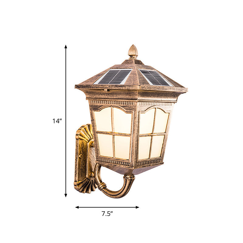 Brass Solar Led Wall Sconce With Antiqued Style Frosted Glass Small/Large House Lantern Light