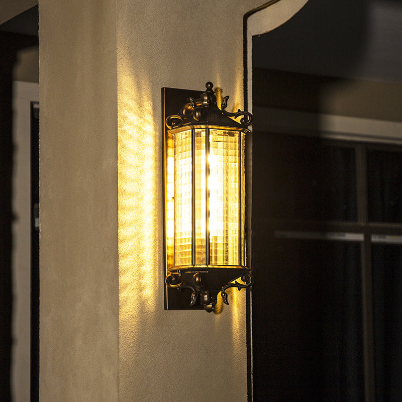 Rustic Brass Rectangle Wall Sconce Light With Clear Gridded Glass - Single Outdoor Small/Large