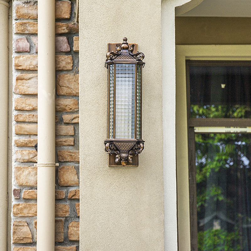 Rustic Brass Rectangle Wall Sconce Light With Clear Gridded Glass - Single Outdoor Small/Large