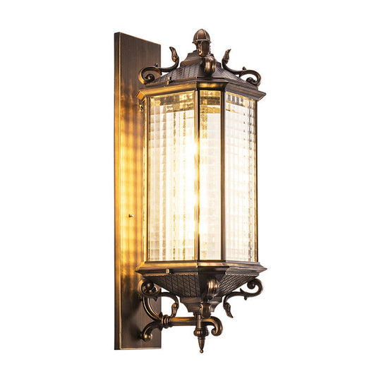 Rustic Brass Rectangle Wall Sconce Light With Clear Gridded Glass - Single Outdoor Small/Large