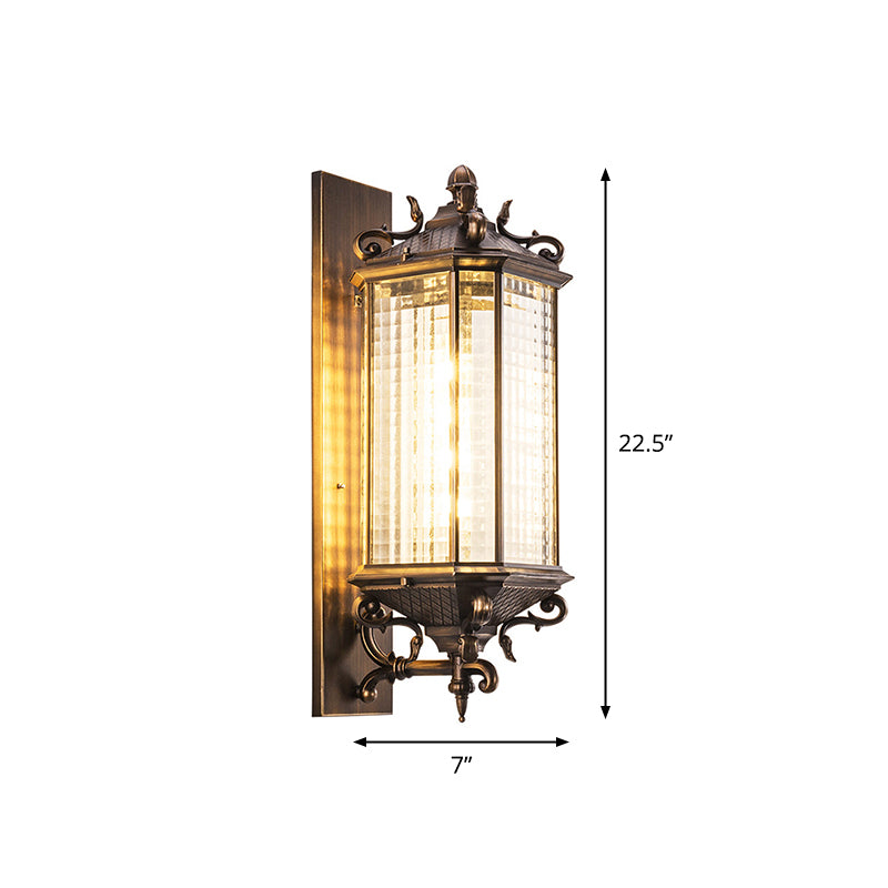 Rustic Brass Rectangle Wall Sconce Light With Clear Gridded Glass - Single Outdoor Small/Large
