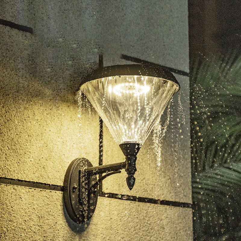 Minimalist Solar Led Wall Lamp In Black - Acrylic Conical Fixture For Porch Mount